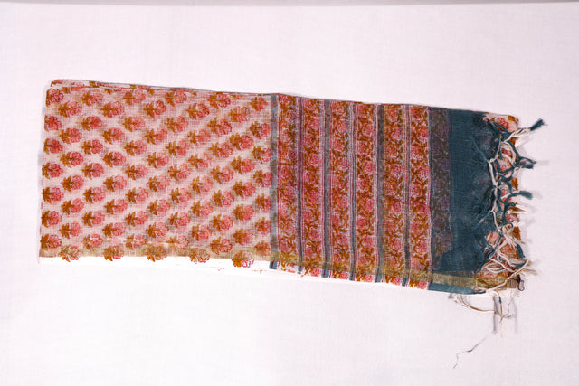 Dark Peach and Teal blue floral Kota Doria Dupatta