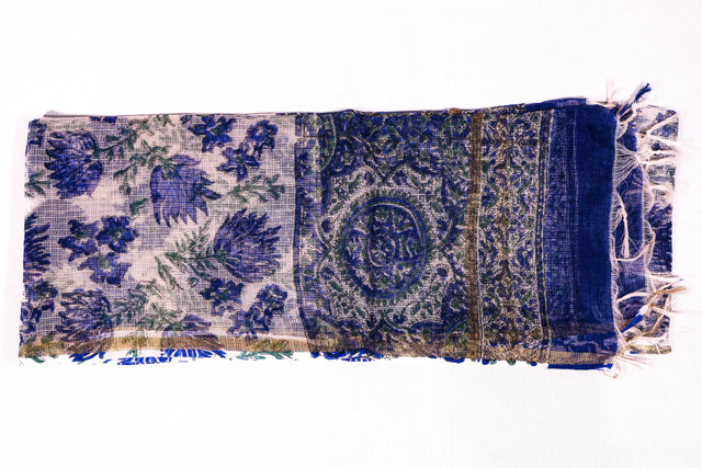 Navy blue and white floral Kota Doria Dupatta