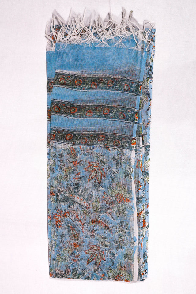 White and french blue floral Kota Doria Dupatta