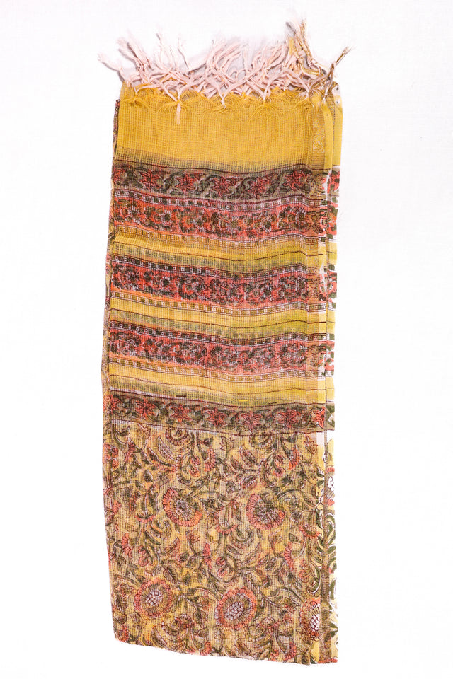 Faded Yellow and Peach Floral Kota Doria Dupatta