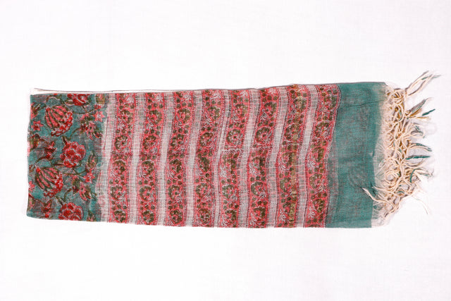 Mineral Blue and Coral Floral Kota Doria Dupatta