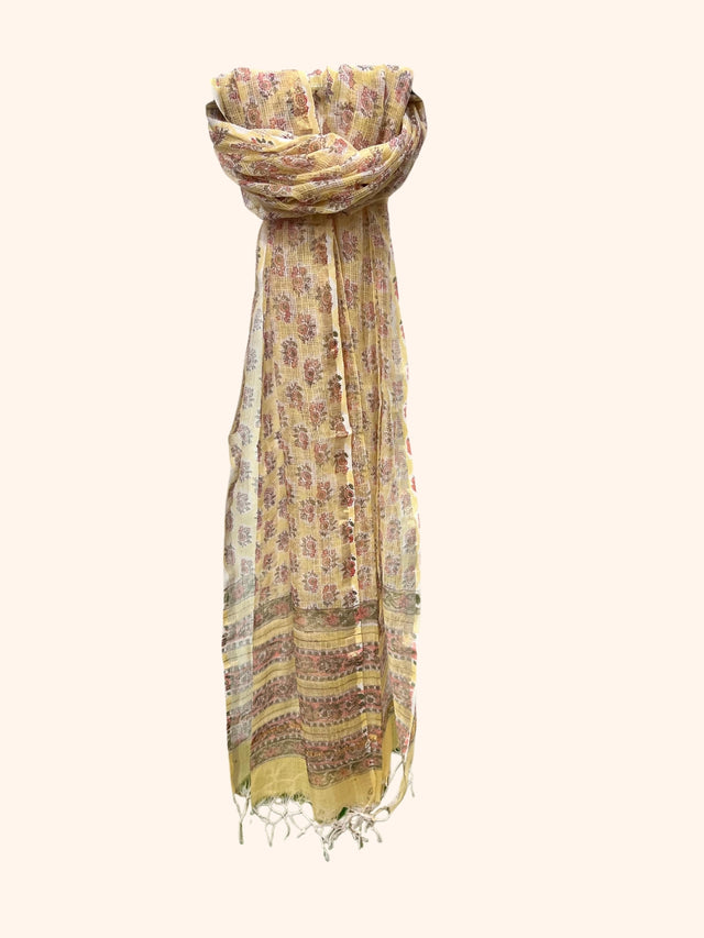 Light Yellow Block Print Kota Doria Dupatta