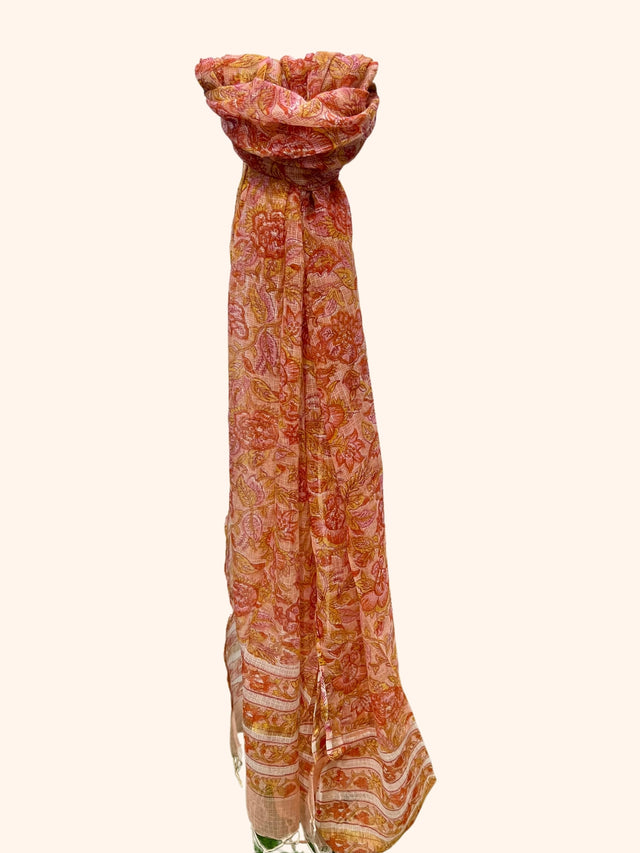 Orange Floral Block Print Kota Doria Dupatta