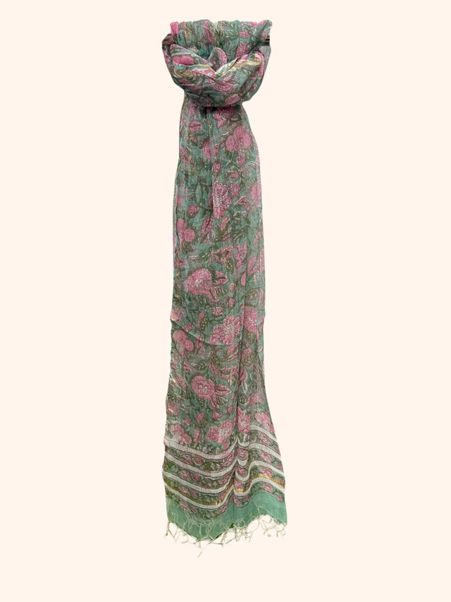 Green Pink Floral Block Print Kota Doria Dupatta