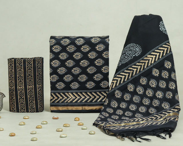 Black Chanderi Unstitched Suit Set