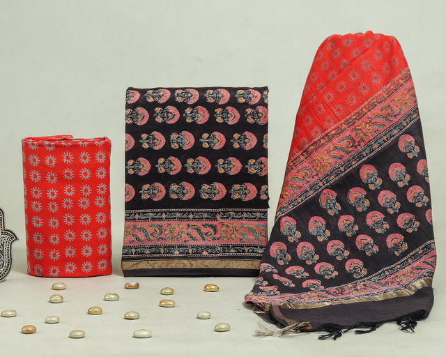Black and red Chanderi Unstitched Suit Set