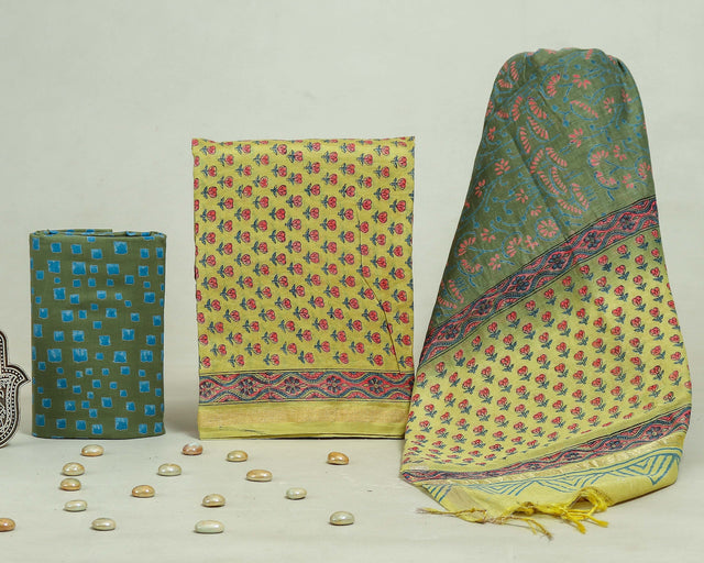 Camel Yellow and Green Chanderi Unstitched Suit Set