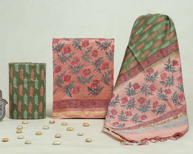 Copper rose and Green Chanderi Unstitched Suit Set