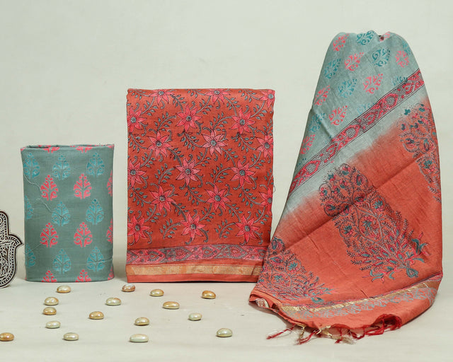 Coral Orange and Smoke Blue Chanderi Unstitched Suit Set