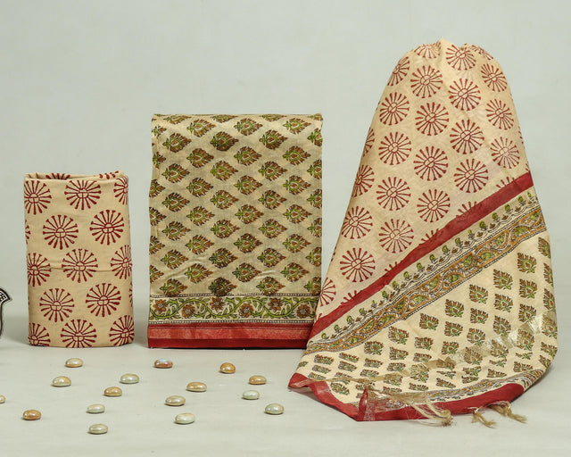 Dark Beige with Green and Red Chanderi Unstitched Suit Set