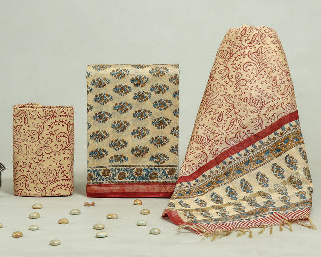 Dark Beige with Red and Green Chanderi Unstitched Suit Set
