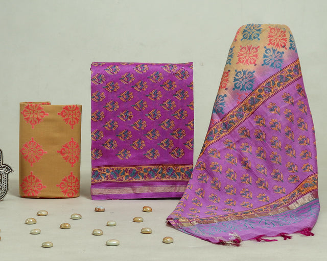 Dark Purple and Sand brown Chanderi Unstitched Suit Set