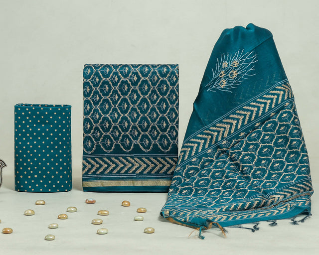 Deep Sea Green Chanderi Unstitched Suit Set