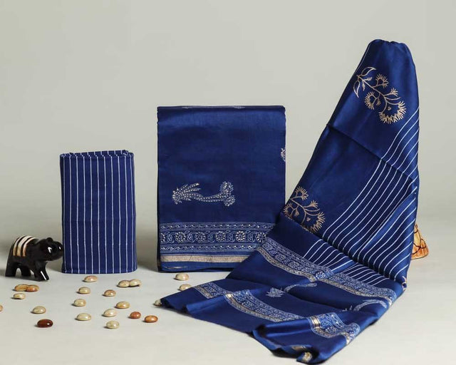 Lapis Blue Chanderi Unstitched Suit Set