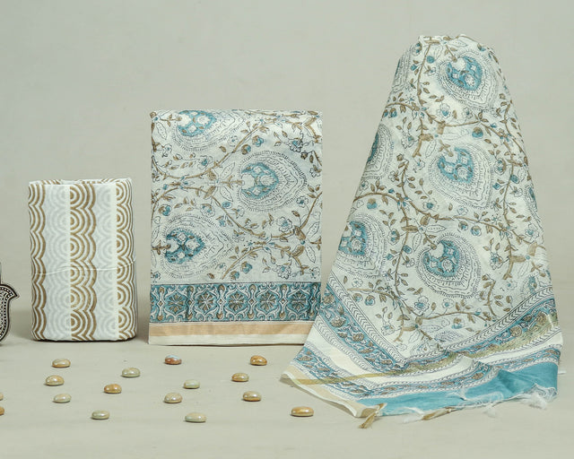 Mist Blue and White Chanderi Unstitched Suit Set