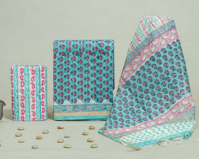 Moonstone Blue and Light Pink Chanderi Unstitched Suit Set