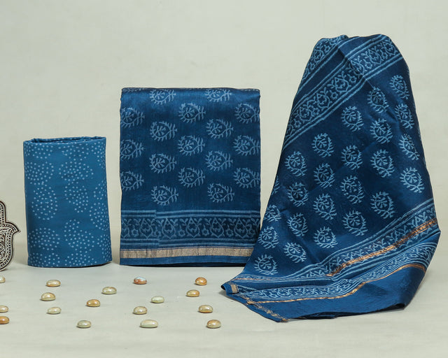 Navy Blue Chanderi Unstitched Suit Set