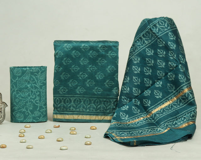 Nile Blue Chanderi Unstitched Suit Set