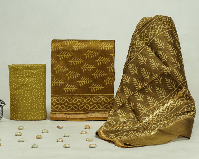 Oak Brown  Chanderi Unstitched Suit Set