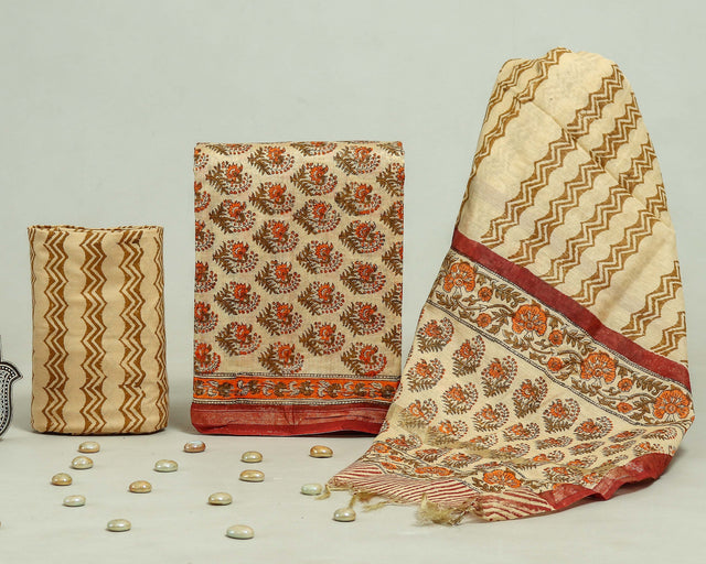 Off White with Red and Brown Chanderi Unstitched Suit Set