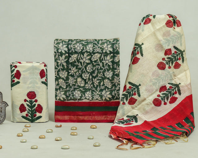 Olive Green and White'Onion Pink Chanderi Unstitched Suit Set