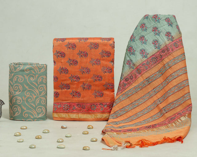 Orange and Summer Green Chanderi Unstitched Suit Set