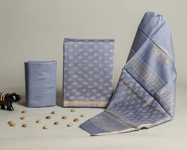 Oslo Blue Chanderi Unstitched Suit Set