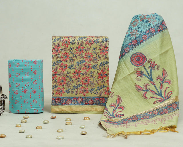 Pale Olive and Blue Chanderi Unstitched Suit Set