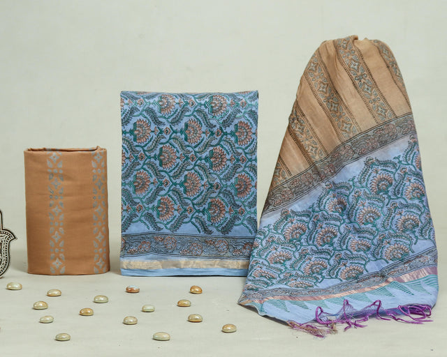 Pastel Blue with Sandbrown Chanderi Unstitched Suit Set