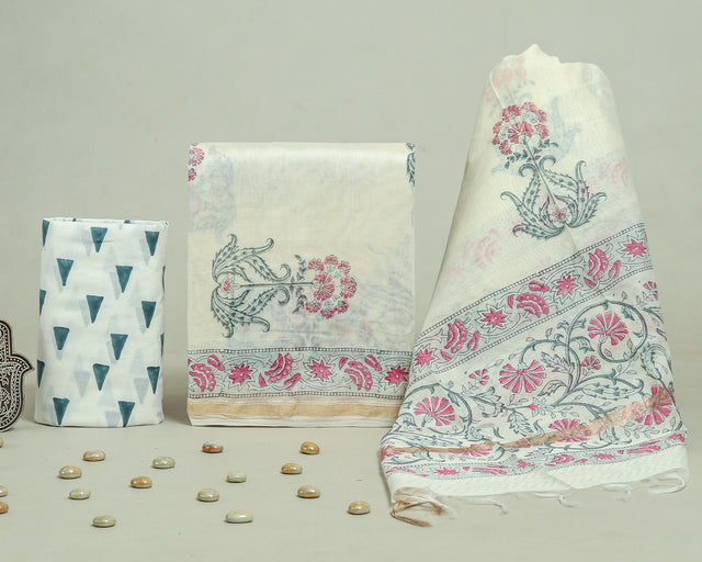 Pearl White and Pink Chanderi Unstitched Suit Set