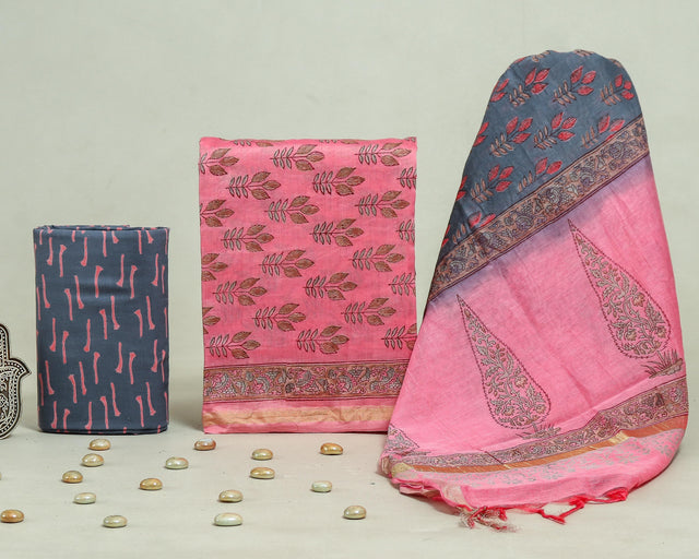 Pink and Grey Chanderi Unstitched Suit