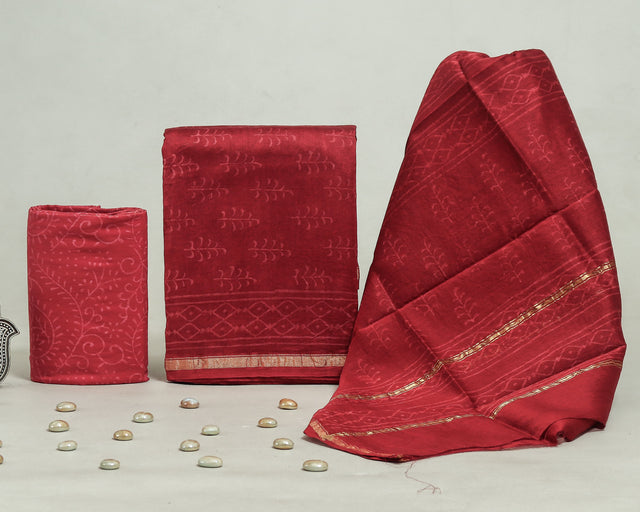 Plum Red Chanderi Unstitched Suit Set
