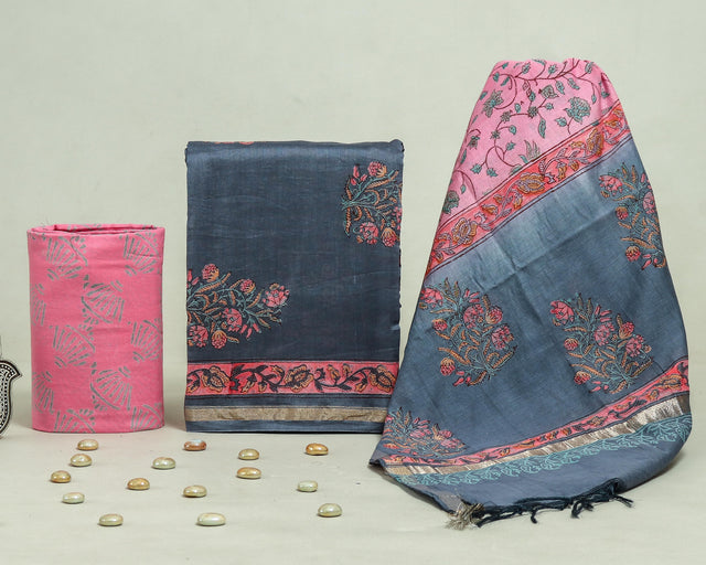 Powder Blue and Pink Chanderi Unstitched Suit Set