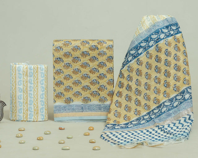 Powder Blue and Tan Chanderi Unstitched Suit Set