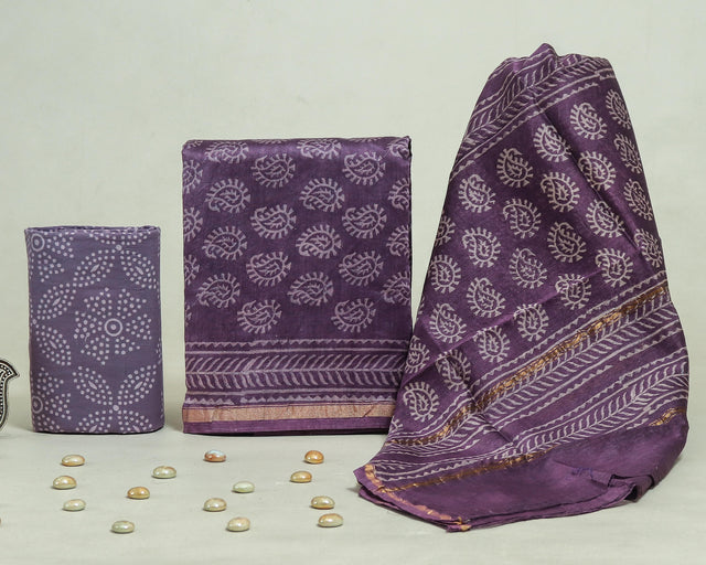 Purple Magenta Chanderi Unstitched Suit Set