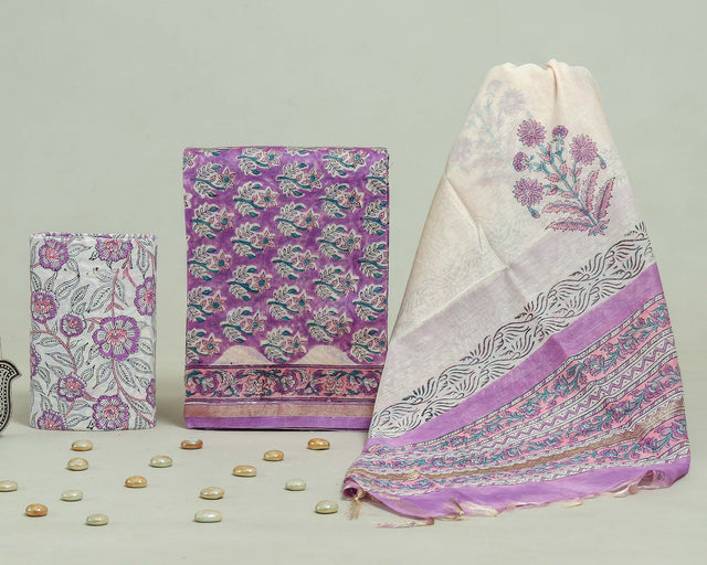 Purple and White Chanderi Unstitched Suit Set