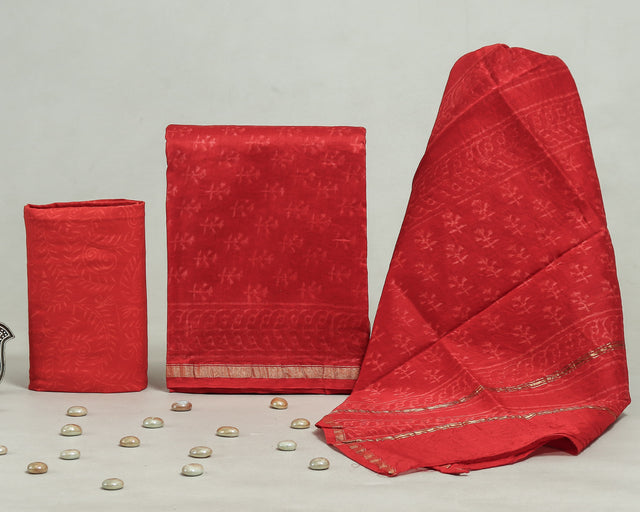 Red Chanderi Unstitched Suit Set