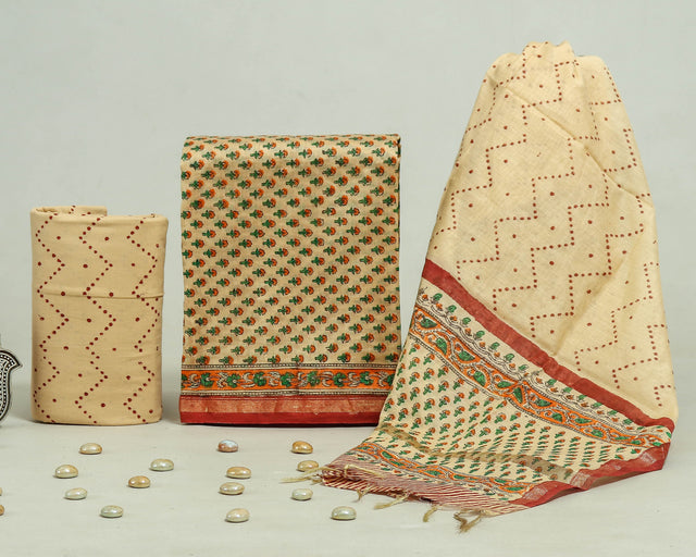 Red and Off White Chanderi Unstitched Suit Set
