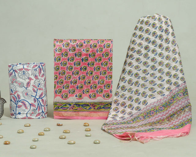 Rose pink and white Chanderi Unstitched Suit Set