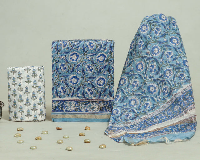 Steel Blue and White Chanderi Unstitched Suit Set