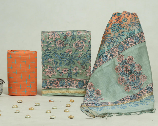 Summer Green and Orange Chanderi Unstitched Suit Set