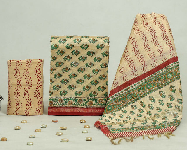 Thistle Green and Sandy Brown  Chanderi Unstitched Suit Set