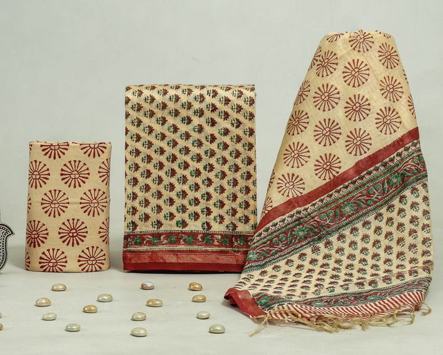 Vanilla Brown with Red Green Chanderi Unstitched Suit Set