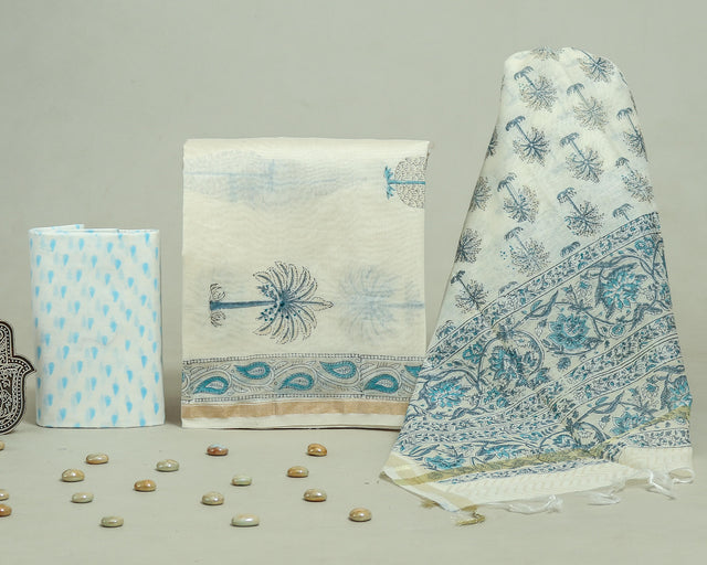 White and Smoke Blue Chanderi Unstitched Suit Set