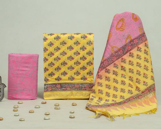 Yellow and Pink Chanderi Unstitched Suit Set